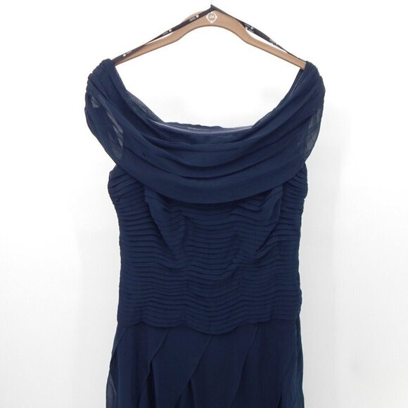 TADASHI SHOJI maxi dress off the shoulder chiffon ruffle formal navy blue 8 - Picture 4 of 12